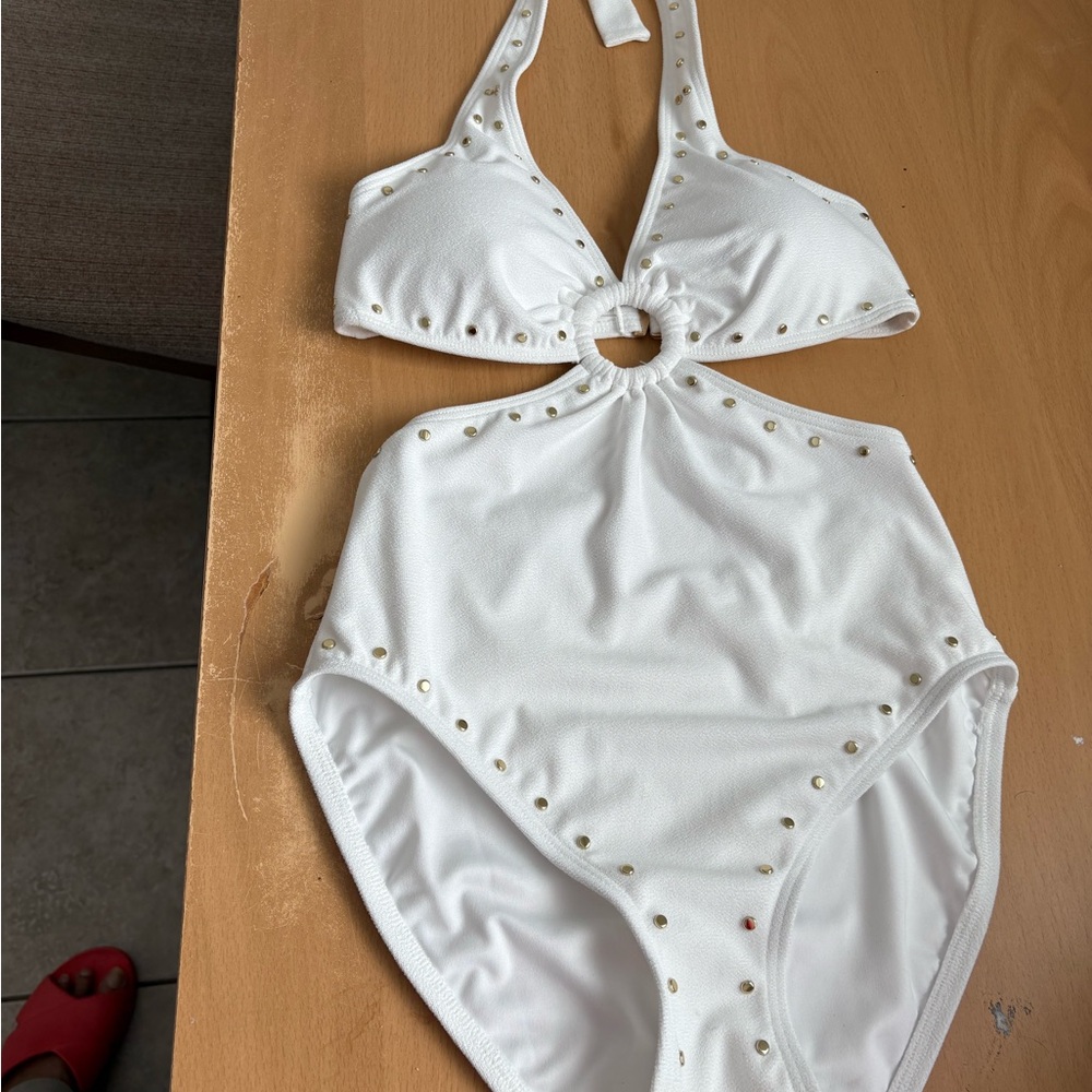 Michael Kors White One-Piece Swimsuit with silver Logo Tag